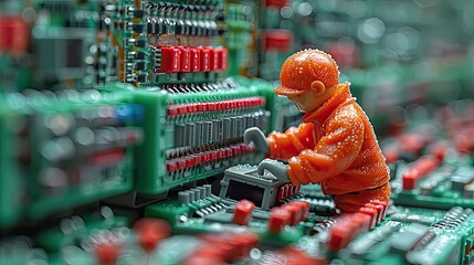 Poster - A miniature figure in orange works on a circuit board, symbolizing technology and industry.