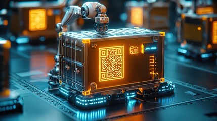 Poster - Smart containers with glowing QR codes scanned by robots