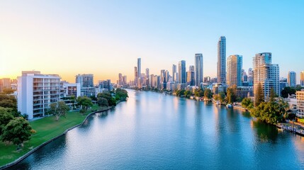 Canvas Print - Panoramic sunrise cityscape over calm river.