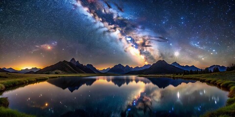 Wall Mural - Serene mountain lake reflecting a vibrant night sky with the Milky Way