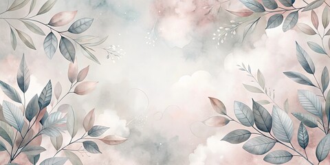 Wall Mural - Serene Watercolor Botanical Illustration Featuring Delicate Branches and Leaves on a Soft Pastel Background
