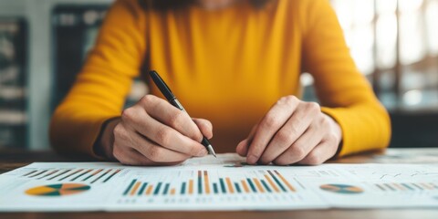 Poster - A person in a yellow sweater analyzes charts and graphs on paper, using a pen to take notes, suggesting a focus on data and research.