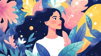 Canvas Print - Woman with long dark hair surrounded by colorful leaves and flowers.