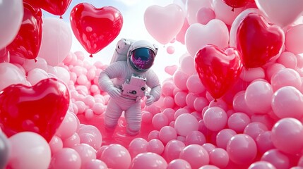 Poster - An astronaut wanders through a playful environment surrounded by pink and red balloons. The festive atmosphere creates an enchanting scene, capturing joy and wonder in a unique setting.