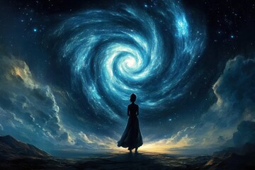 Wall Mural - The intersection of the physical and divine illustrated by a woman at a sacred gateway.