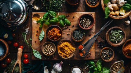 Poster - Flat lay of fresh herbs, spices, and kitchen ingredients on a wooden table