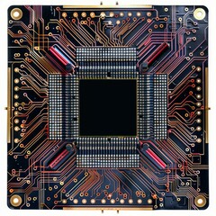 Poster - Close up view of a circuit board highlighting intricate copper connections and a prominent microchip, showcasing the complexity of modern electronics