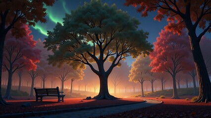 Wall Mural - A park with a bench and a tree in the foreground