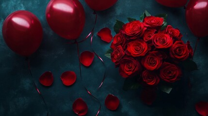 Aufkleber - A vibrant arrangement features a bouquet of red roses accompanied by glossy red balloons and scattered rose petals on a blue surface, creating an inviting atmosphere for a celebration.