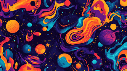 Poster - colorful abstract depiction of cosmic elements with vibrant swirls and celestial bodies in a dark ba