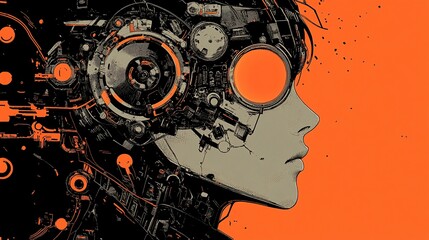 Poster - Cyberpunk profile of a robotic woman with glowing orange eyes against an orange background.