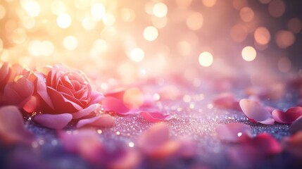 Aufkleber - Softly illuminated pink roses lay on a surface scattered with petals, creating an enchanting atmosphere filled with warm bokeh lights, evoking feelings of romance and tranquility.