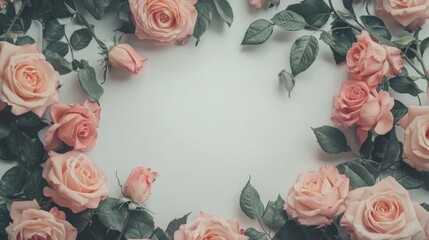 Poster - A collection of pink roses and lush green leaves forms a delicate border, highlighting a blank space in the center. This arrangement adds elegance and warmth, perfect for celebrations.
