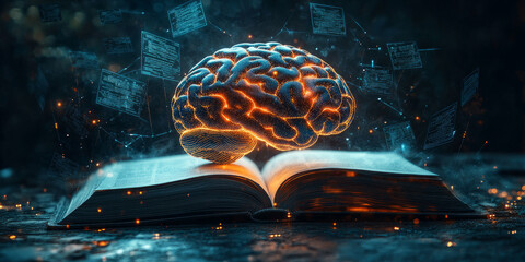 Poster -  open book with  glowing digital brain connected by data streams