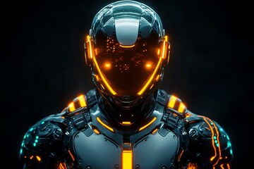 futuristic robot in sleek helmet with glowing orange accents.