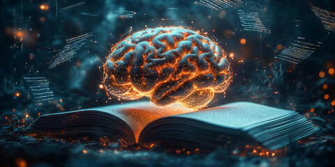Poster -  open book with  glowing digital brain connected by data streams