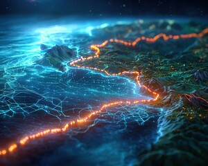Aufkleber - Smart shipping routes visualized with glowing digital lines on a map
