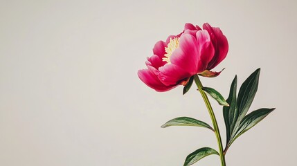 Poster - A solitary vibrant magenta peony against a light taupe background, close-up shot, Minimalist style