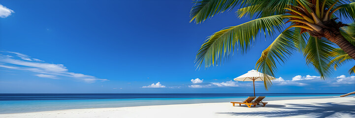 Amazing vacation beach. Couple chairs together by the sea banner. Summer romantic holiday honeymoon concept. Tropical island landscape. Tranquil shore panorama, relax sand seaside horizon, palm leaves