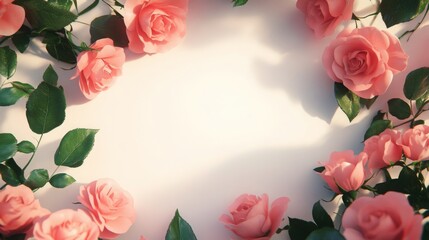 Poster - A collection of delicate pink roses and green leaves arranged in a circular formation surrounding a blank, light-colored area. The flowers display soft hues, adding a touch of elegance.