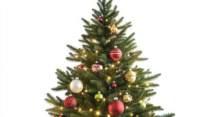 Wall Mural - Christmas tree decorated with ornaments and festive lights isolated on white. Festive christmas tree with lights and ornaments