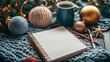 © Farah - Cozy Holiday Setting with Blank Notebook, Warm Drink, and Christmas Ornaments on Knit Fabric Surrounded by Pine Branches and Lights