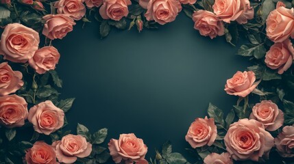 Poster - Delicate pink roses are arranged in a circular pattern on a dark blue backdrop. The flowers showcase their lush petals and vibrant green leaves, creating a tranquil, romantic atmosphere.