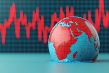 Poster - A colorful globe with a focus on Africa and Europe, set against a backdrop of red heartbeat waves, symbolizing global health and vitality.