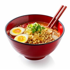 Ramen noodle soup with eggs, meat, and green onions served in a red bowl with chopsticks on a white background