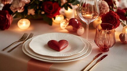 Poster - A beautifully arranged table features a heart-shaped dessert on elegant dishes. Surrounded by fresh flowers and soft lighting, the setting is perfect for a romantic evening or special celebration.