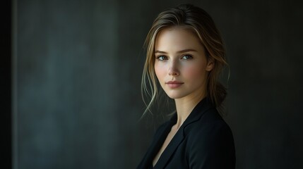 Wall Mural - Portrait of a beautiful young woman with blonde hair and blue eyes, wearing a black blazer, against a dark gray background.