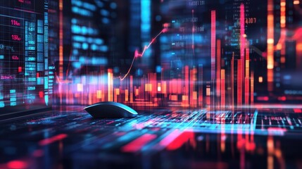 Big data statistic concept with digital glowing stats indicators and numbers on background with computer mouse and laptop. Double exposure