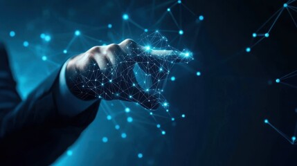 Poster - Businessman pointing at polygonal hand on blue background. Digital transformation and ai concept