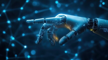 Poster - Businessman hand pointing at creative glowing robot hologram on blue background. AI and robotics concept. Double exposure