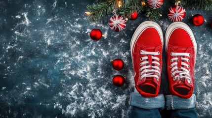 Wall Mural - Christmas concept with red shoes and white chalk