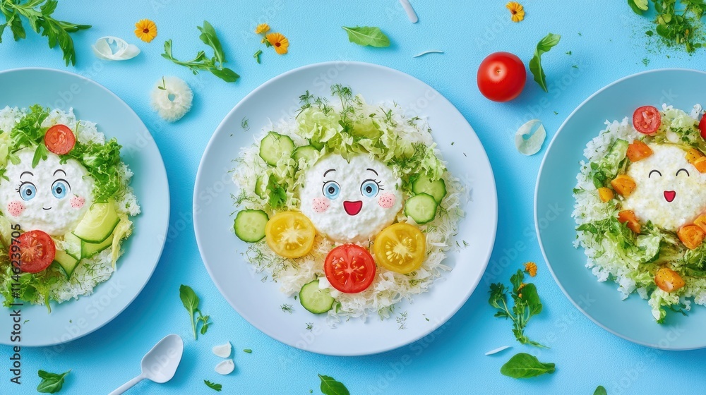 Three plates of fun, kid-friendly rice and vegetable meals with happy ...