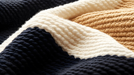 Poster - A close-up view of a textured fabric featuring alternating stripes in navy, cream, and tan colors