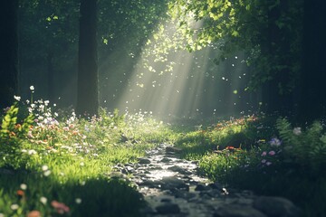 Wall Mural - Sunbeams illuminate a tranquil forest stream flowing through a vibrant meadow of wildflowers.