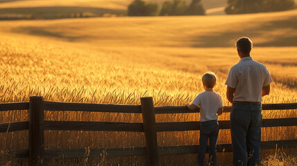 Farmer and Child Watching Wheat Fields in Golden Light