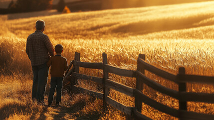 Farmer and Child Watching Wheat Fields in Golden Light