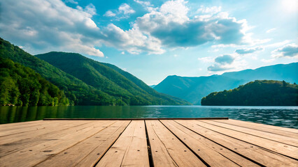 Wall Mural - a wooden dock with a lake and mountains in the background1