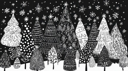 Wall Mural - doodle christmas tree card. doodle fir-trees snow season concept. winter holiday background