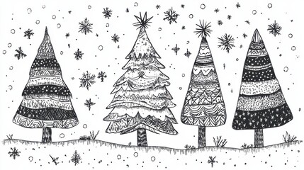 Wall Mural - doodle christmas tree card. doodle fir-trees snow season concept. winter holiday background