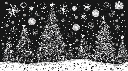 Wall Mural - doodle christmas tree card. doodle fir-trees snow season concept. winter holiday background