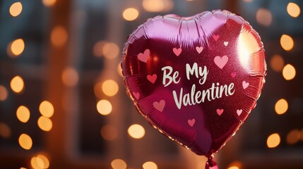 Poster - A shiny pink balloon displays the message Be My Valentine, surrounded by soft, sparkling lights. This festive decoration symbolizes love and celebration during Valentine's Day.