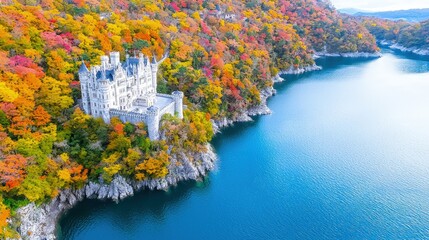 Canvas Print - Aerial view of a castle on a cliff during autumn.