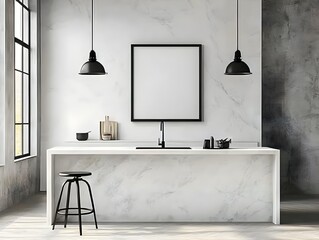 A modern kitchen with a marble island and sink, black hanging light fixtures, a large blank picture frame on the wall above the countertop, white walls, and a minimalist interior design style. 