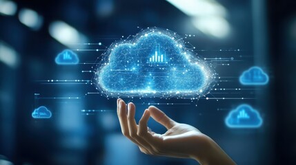 Poster - hand working with cloud computing diagram. cloud computing and communication concept.
