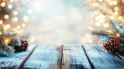 Wall Mural - holidays, new year and celebration concept - close up of empty wooden surface or table over christma