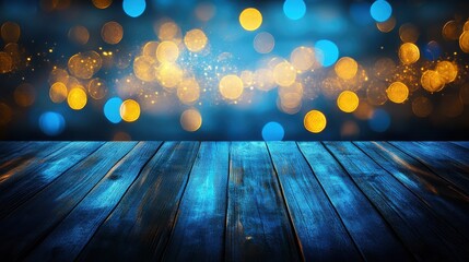 Wall Mural - holidays, new year and celebration concept - close up of empty wooden surface or table over christma